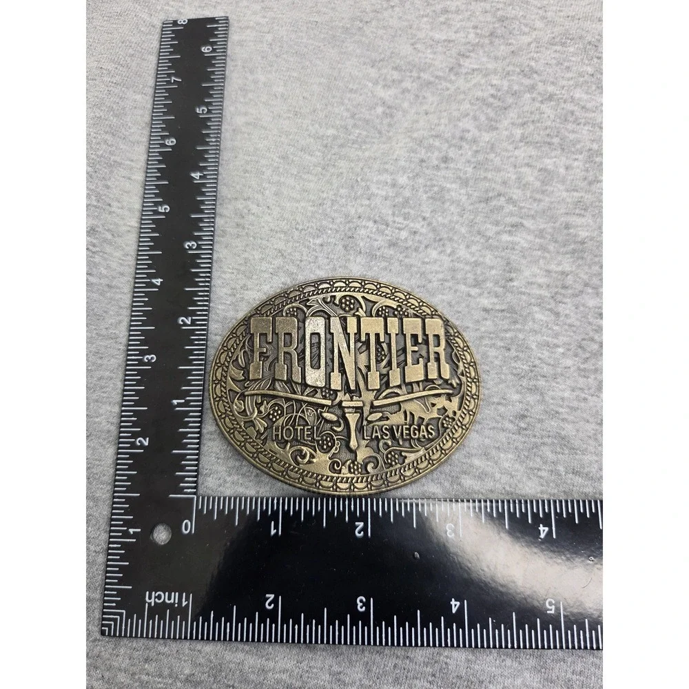 Vintage 1970s Frontier Hotel Las Vegas Solid Brass Belt Buckle Casino Souvenir